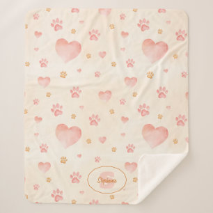 Watercolor Pink Hearts & Paw Prints Pattern Sherpa Blanket