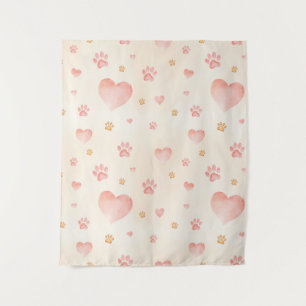 Watercolor Pink Hearts & Paw Prints Pattern Tapestry