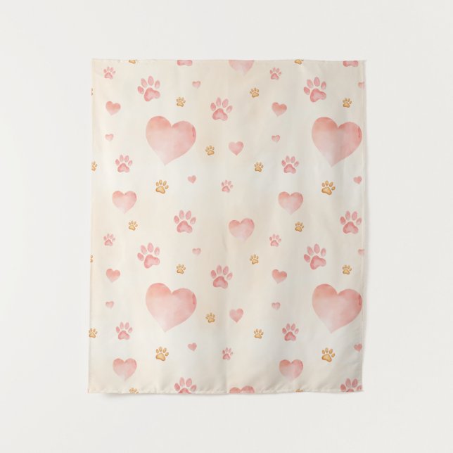 Watercolor Pink Hearts & Paw Prints Pattern Tapestry (Front)