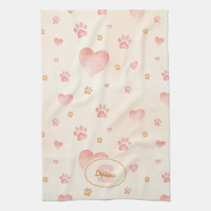 Watercolor Pink Hearts & Paw Prints Pattern Tea Towel