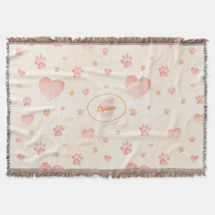 Watercolor Pink Hearts & Paw Prints Pattern Throw Blanket