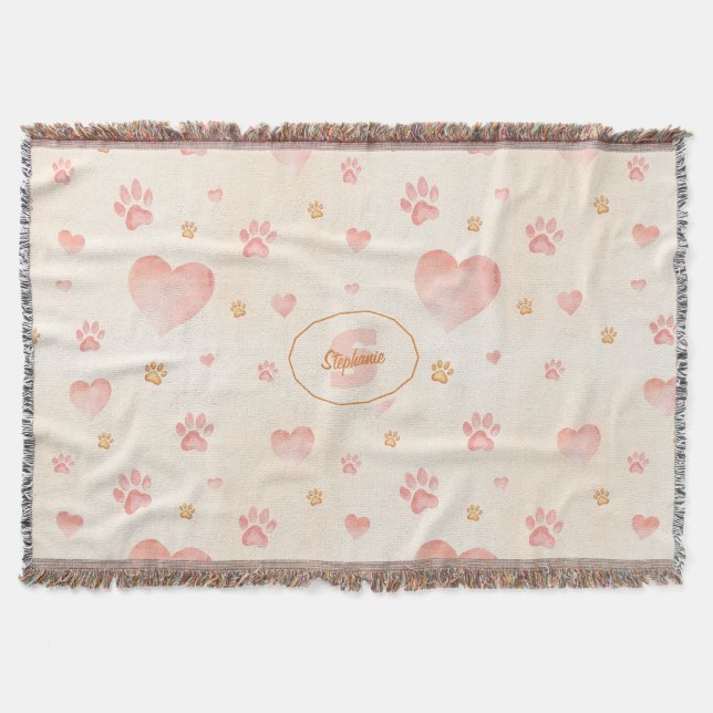 Watercolor Pink Hearts & Paw Prints Pattern Throw Blanket (Front)