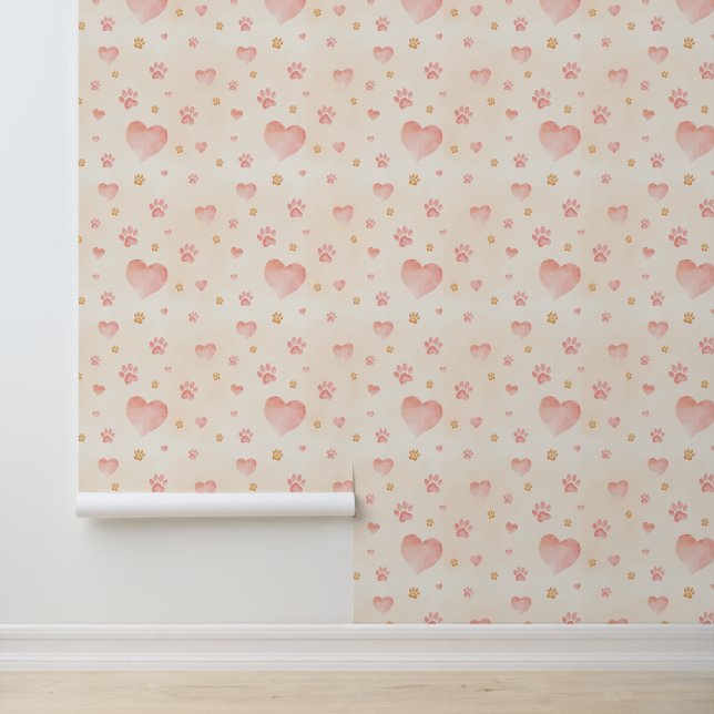 Watercolor Pink Hearts & Paw Prints Pattern Wallpaper (Application)