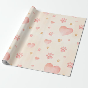 Watercolor Pink Hearts & Paw Prints Pattern Wrapping Paper