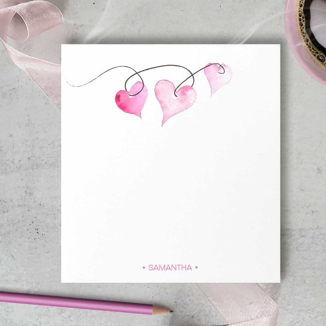 Watercolor Pink Hearts Personalized Stationery Not Notepad (Valentines day gifts personalized notepads with watercolor hearts art by Victoria Grigaliunas)