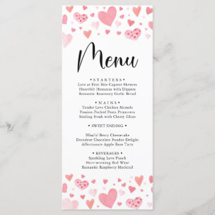 Watercolor Pink Hearts Valentines Day Menu Card
