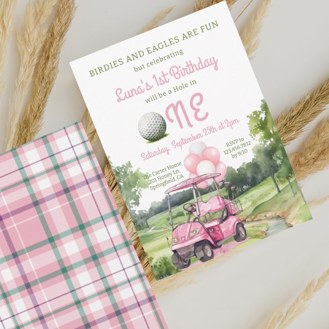 Watercolor Pink Hole in One Golf 1st Birthday Invitation (Creator Uploaded)