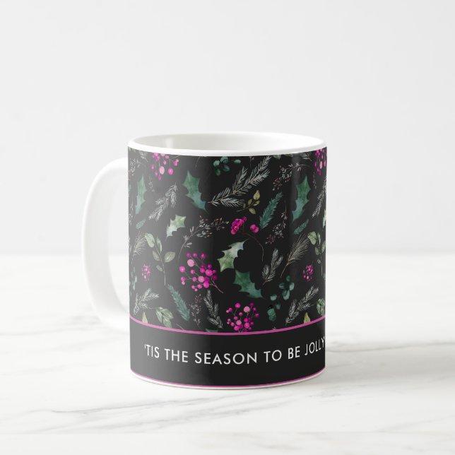 Watercolor Pink Holly Christmas Coffee Mug (Front Left)