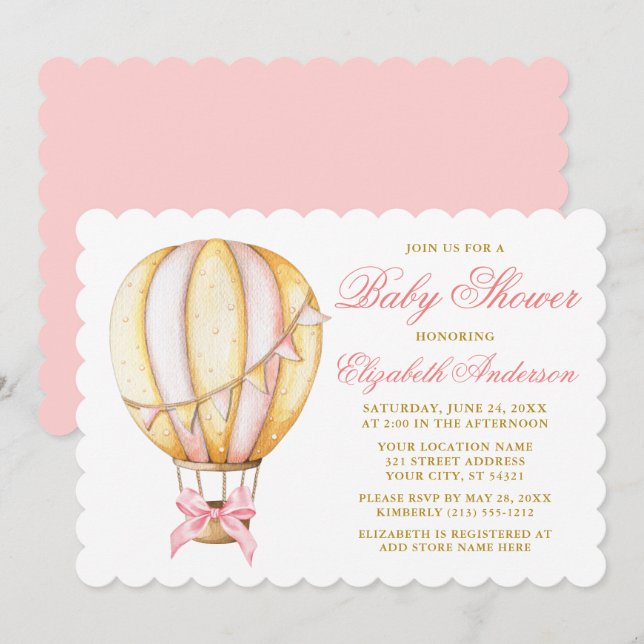 Watercolor Pink Hot Air Balloon Bow Baby Shower Invitation (Front/Back)