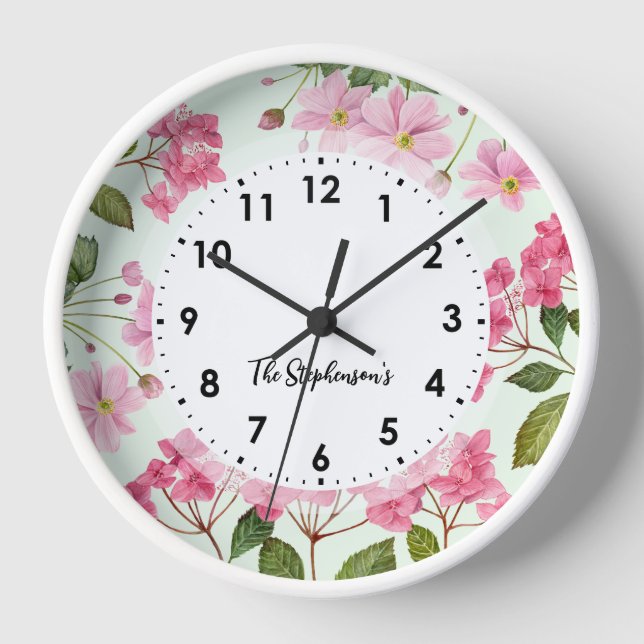 Watercolor Pink Hydrangea and Japanese Anemone Clock (Front)