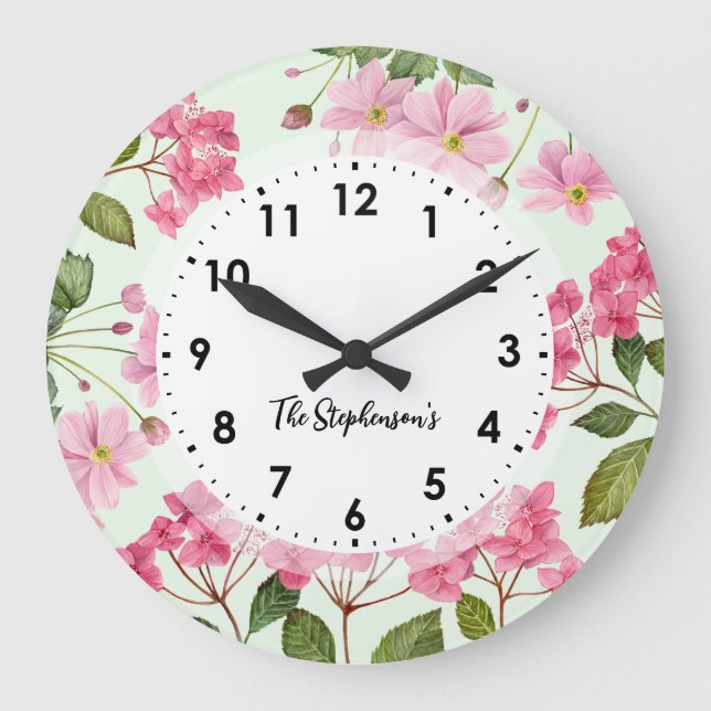 Watercolor Pink Hydrangea and Japanese Anemone Large Clock (Front)