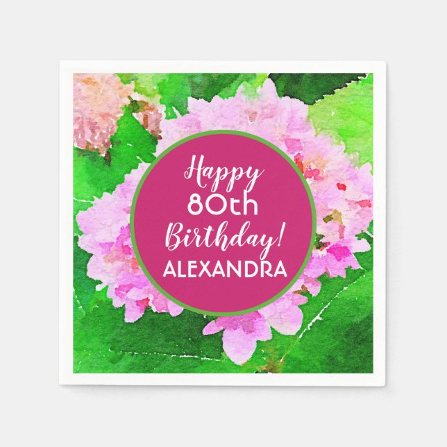 Watercolor Pink Hydrangea Birthday Napkin (Front)