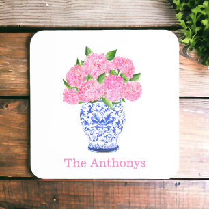 Watercolor Pink Hydrangea Chinoiserie Name Coaster
