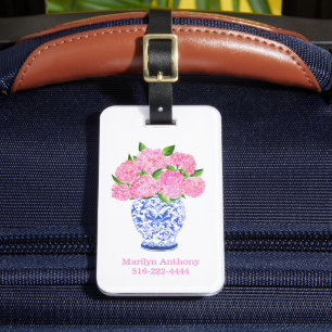 Watercolor Pink Hydrangea Chinoiserie Name Number Luggage Tag