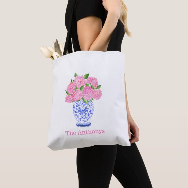 Watercolor Pink Hydrangea Chinoiserie Name Tote Bag (Close Up)