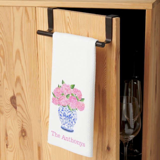 Watercolor Pink Hydrangea Chinoiserie Personalised Tea Towel (Thirds Fold)