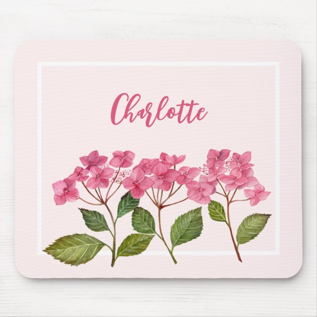 Watercolor Pink Hydrangea Lacecaps Flower Painting Mouse Mat (Front)