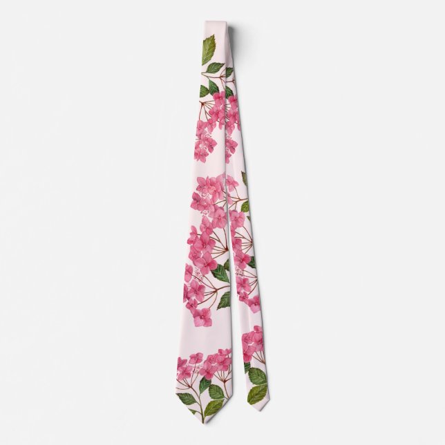 Watercolor Pink Hydrangea Lacecaps Flower Painting Tie (Front)