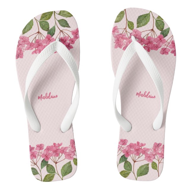 Watercolor Pink Hydrangea Lacecaps Illustration Flip Flops (Footbed)