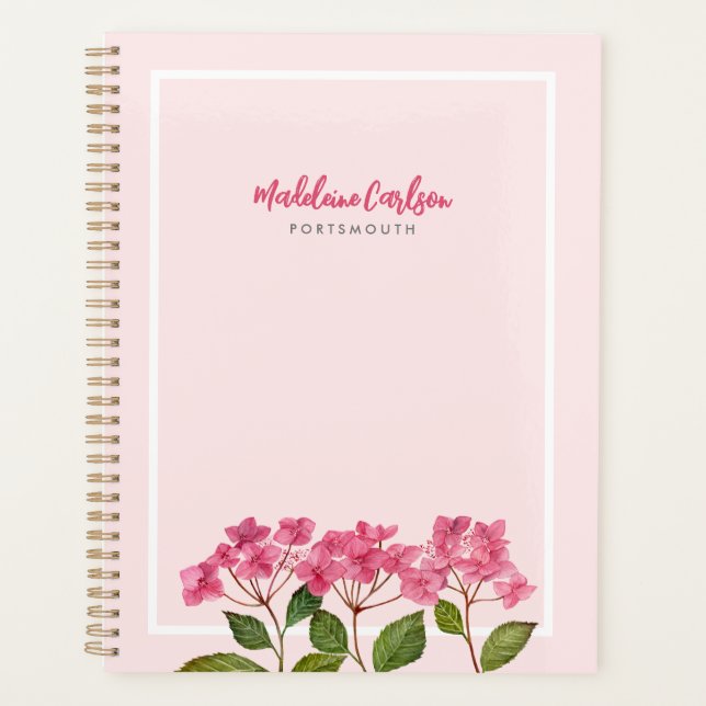 Watercolor Pink Hydrangea Lacecaps Illustration Planner (Front)