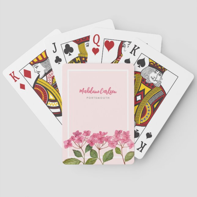 Watercolor Pink Hydrangea Lacecaps Illustration Playing Cards (Back)