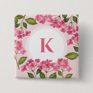 Watercolor Pink Hydrangea Lacecaps Monogram 15 Cm Square Badge