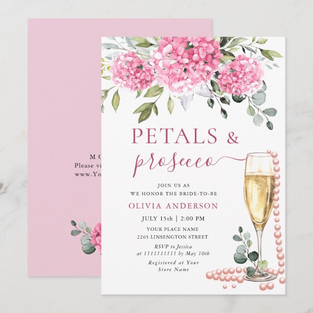 Watercolor Pink Hydrangea PETALS & Prosecco Invitation (Front/Back)