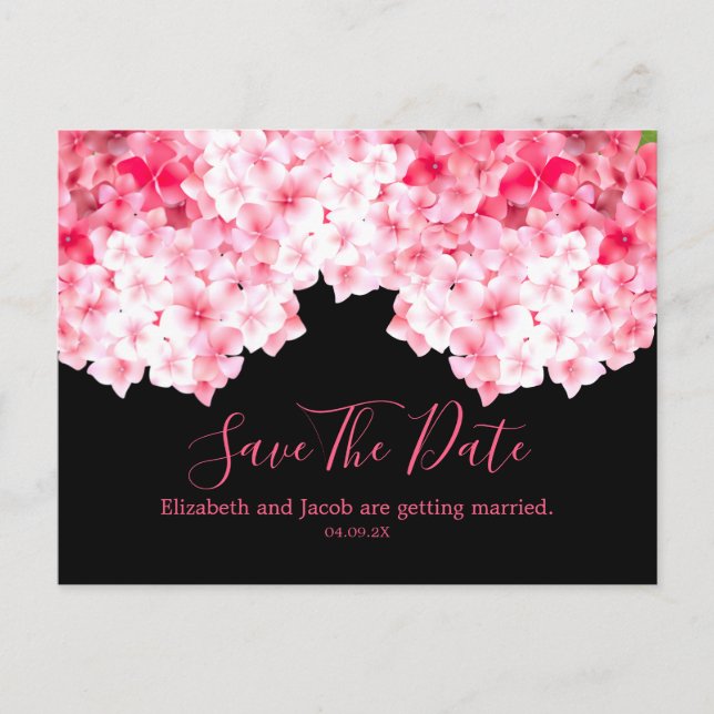 Watercolor Pink Hydrangea Save the Date Postcard (Front)