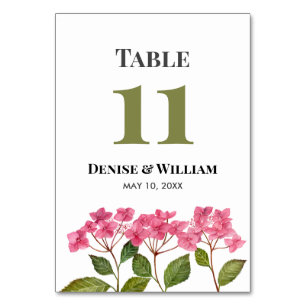 Watercolor Pink Hydrangeas Lacecap Wedding Table Number