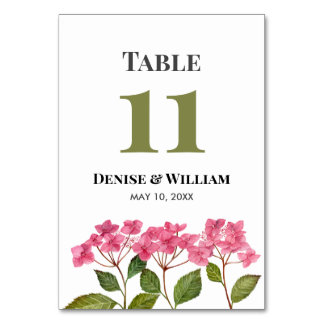 Watercolor Pink Hydrangeas Lacecap Wedding Table Number