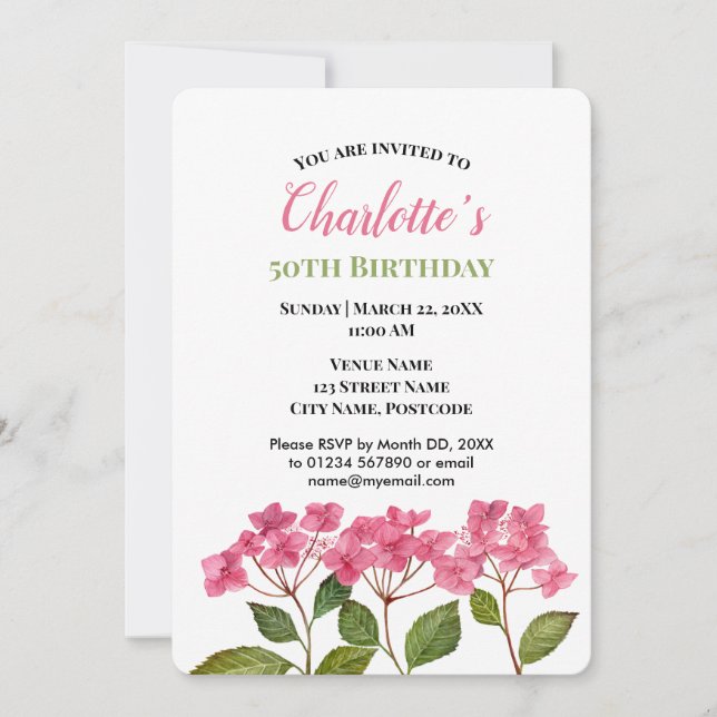 Watercolor Pink Hydrangeas Lacecaps Birthday Invitation (Front)