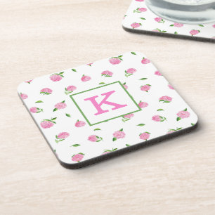 Watercolor Pink Hydrangeas Monogram Coaster