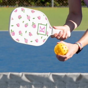 Watercolor Pink Hydrangeas Monogram Pickleball Paddle
