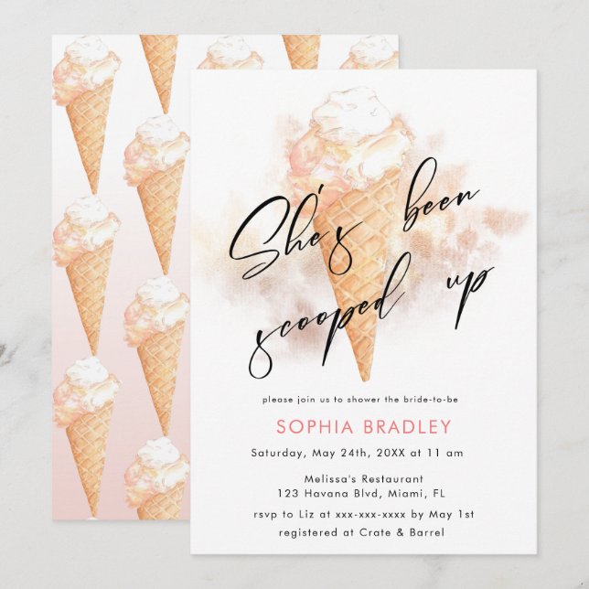 Watercolor Pink Ice Cream Bridal Shower  Invitation (Front/Back)