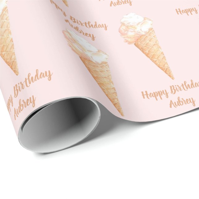 Watercolor Pink Ice Cream Personalised Birthday  Wrapping Paper (Roll Corner)