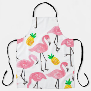 Watercolor pink ink flamingo and yellow pineapple  apron