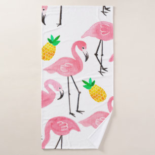 Watercolor pink ink flamingo and yellow pineapple bath towel