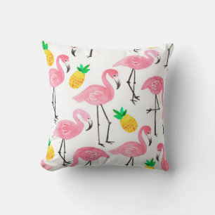 Watercolor pink ink flamingo and yellow pineapple cushion