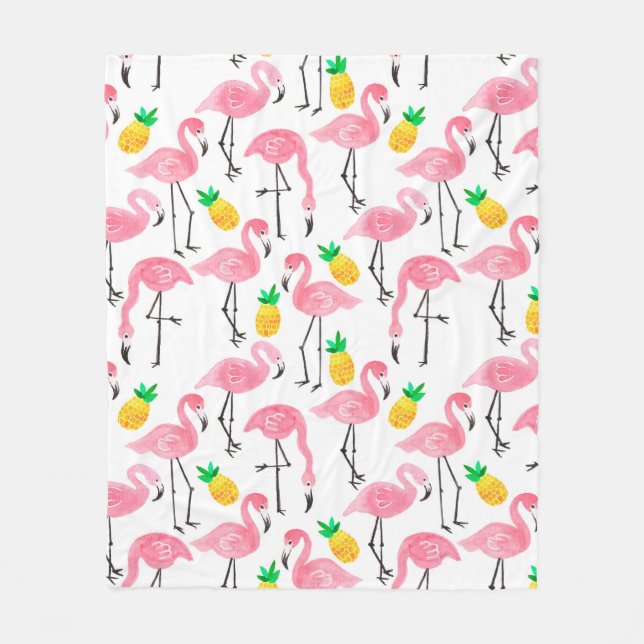 Watercolor pink ink flamingo and yellow pineapple  fleece blanket (Front)