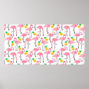 Watercolor pink ink flamingo and yellow pineapple  poster