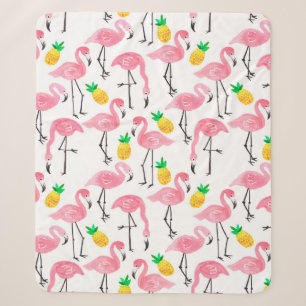 Watercolor pink ink flamingo and yellow pineapple  sherpa blanket