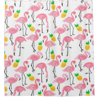 Watercolor pink ink flamingo and yellow pineapple  shower curtain