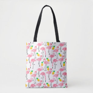 Watercolor pink ink flamingo and yellow pineapple tote bag