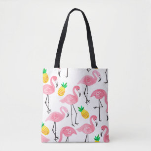 Watercolor pink ink flamingo and yellow pineapple tote bag