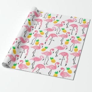 Watercolor pink ink flamingo and yellow pineapple wrapping paper