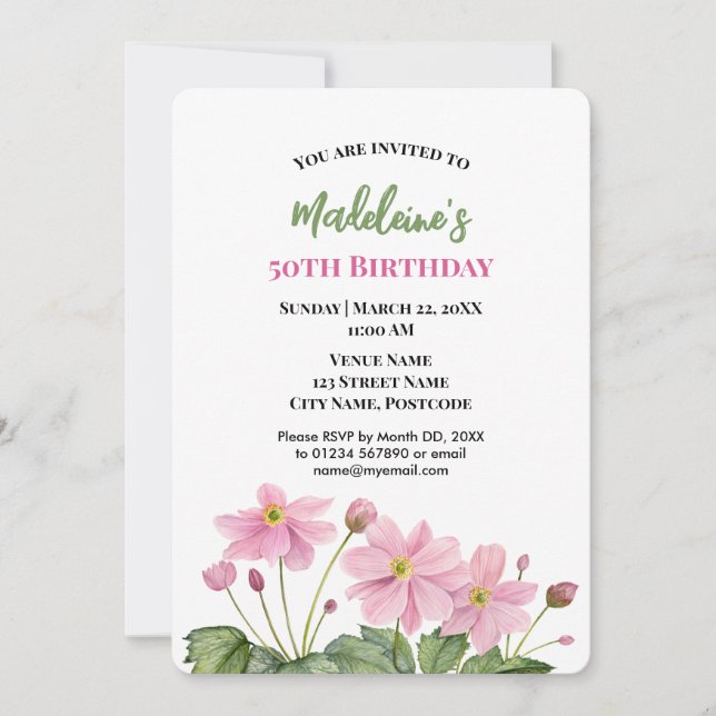 Watercolor Pink Japanese Anemone Birthday Invitation (Front)