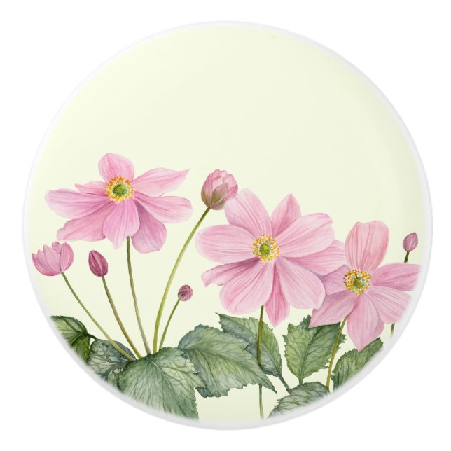 Watercolor Pink Japanese Anemone Floral Painting Ceramic Knob (Front)