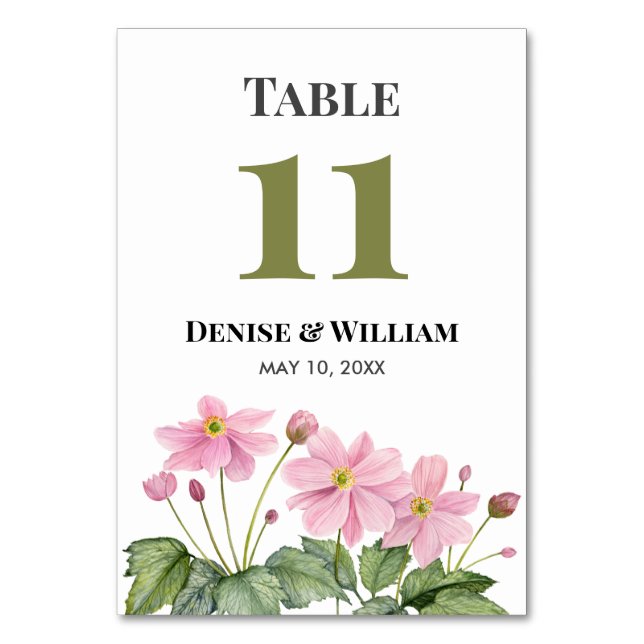 Watercolor Pink Japanese Anemone Wedding Table Number (Back)