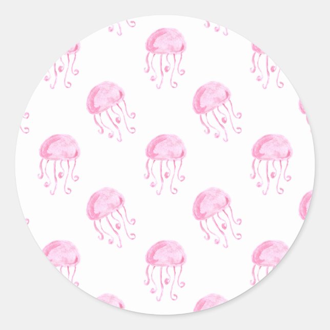 watercolor pink jellyfish beach design classic round sticker (Front)