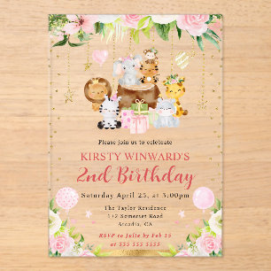 Watercolor Pink Jungle Animals Kids Birthday Acrylic Invitations